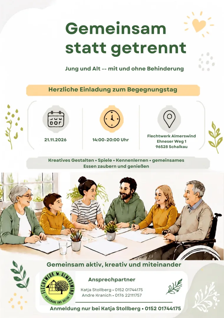 Flyer zum Begegnungstag „Gemeinsam statt getrennt“ am 21. November 2026 im Flechtwerk Almerswind